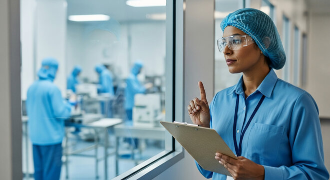 Professional female scientist in blue uniform and safety gear monitoring a cleanroom laboratory through a glass window with a clipboard