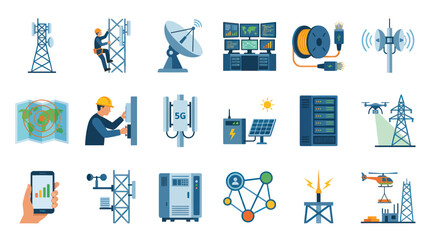 Obraz premium Flat Vector Icons for Telecommunications Industry, Wireless Network Infrastructure and IT Technology