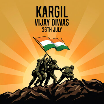 Soldiers raising indian flag on mountain peak at kargil vijay diwas with soldiers military uniforms orange sunburst background depicts soldiers