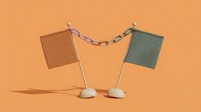 Two small fabric flags on stands with beaded string, orange and green small flags
