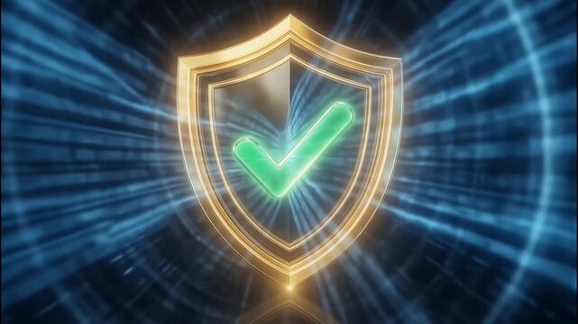 Secure digital technology Glowing gold shield, green checkmark for robust network protection and safety. Verified digital data assurance