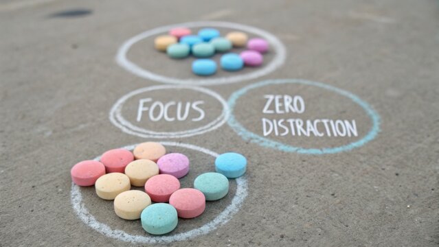Colorful Chalk Circles on Concrete Representing Focus and Zero Distraction for Personal Development and Motivation