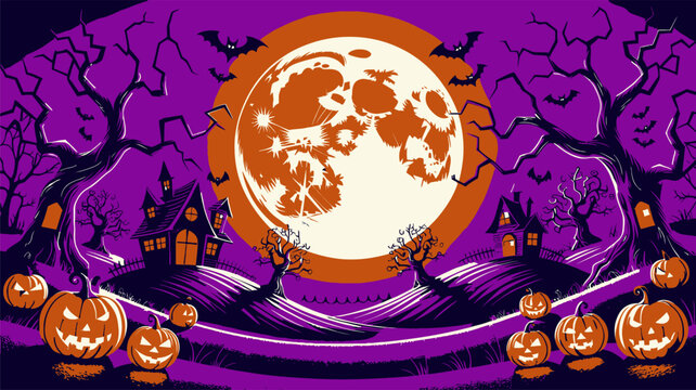 Halloween Eerie halloween night landscape with giant full moon purple sky haunted mansions and carved jack-o-lanterns vector illustration