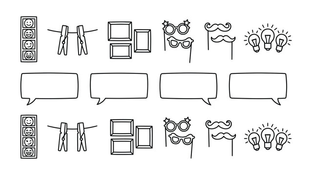 Photo Booth Props and Speech Bubbles: A graphic collection of assorted photo booth props, including funny glasses, mustaches, and light bulbs, arranged alongside empty speech bubbles and film strips.