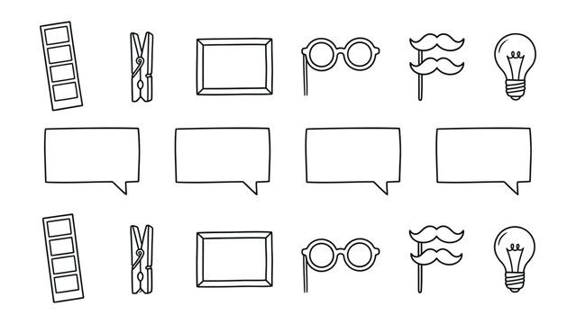 DIY Photo Booth Props: A collection of playful, hand-drawn elements for creating a fun photo booth experience, including film strips, clothespins, picture frames, novelty glasses, mustaches.