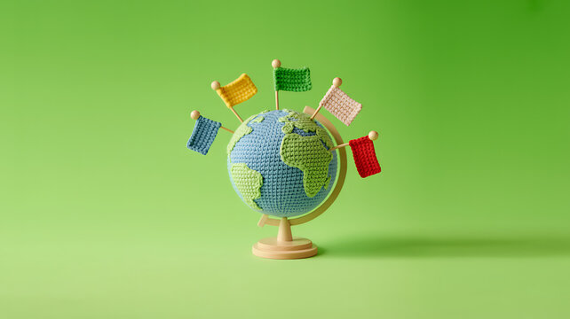 Small, decorative globe with colorful yarn flags on a green background
