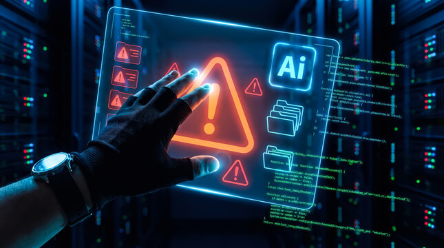 Cybersecurity threat concept with a hacker hand touching a digital interface showing an ai warning alert in a server room