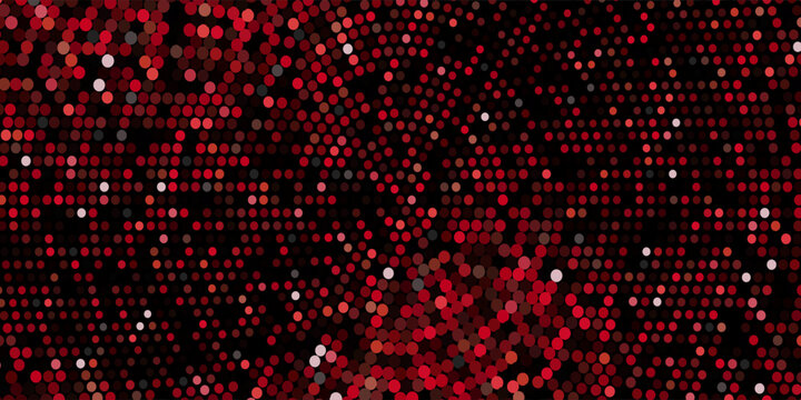 Red disco ball mosaic vector background. Radial circular pattern of red square tiles with glowing sparkles  symbolizing party  dance  glitter  neon club  and festive event backdrop.
