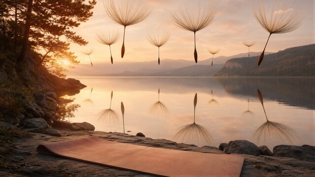 Yoga mat on a rocky lakeshore with floating dandelion seeds. Peaceful nature landscape at golden sunset. Concept of mindfulness, meditation, wellness, tranquility and inner harmony