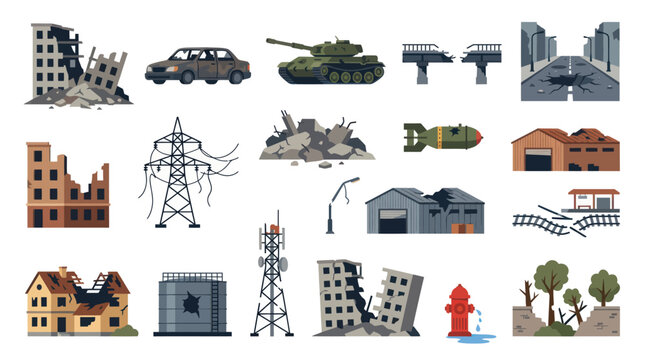 Disaster Scene Icons: Damaged Buildings, Tank, Bomb, Car, Infrastructure, Art Style Flat