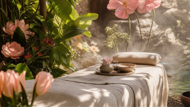 Spa massage table in tropical garden with flowers. Wellness health center for relaxation and skin treatment. Calm environment for therapy, meditation and holistic body care session
