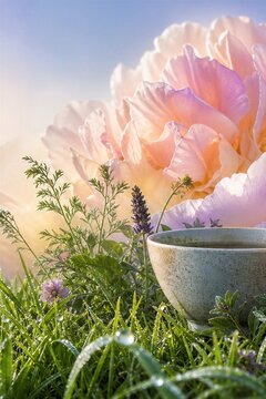 Cup of herbal tea placed in fresh green grass with morning dew drops and large pink peony flower. Concept of relaxation and mindfulness in nature. Botanic background for wellness