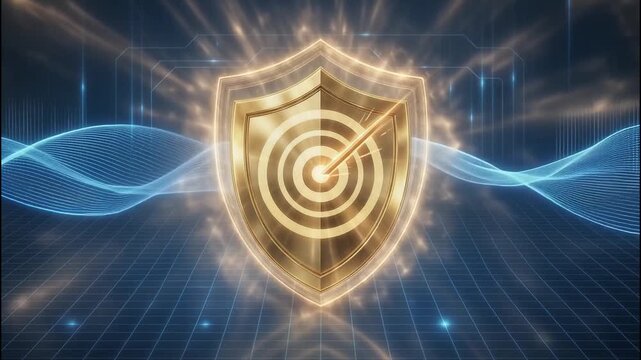 Digital shield, golden target, security, protection, success, achievement, ultimate goal, safeguarding assets, digital realm, futuristic waves