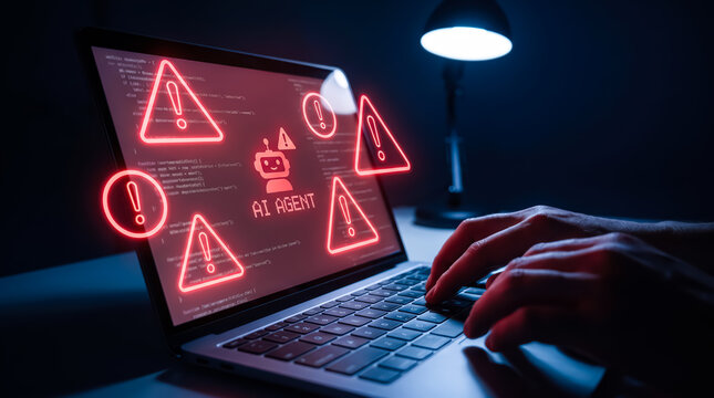 Cybersecurity threat concept with ai agent icon and warning signs on laptop screen