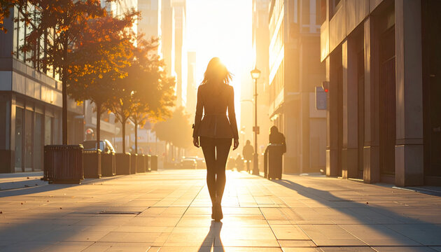 Silhouette Woman Walking in Golden Sunset City
