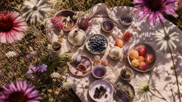 Aesthetic picnic setting with fresh seasonal fruit and essential oils on cloth in wildflower meadow. Healthy organic food and beauty skincare products for nature wellness lifestyle concept