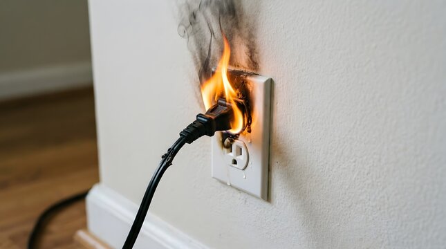 Hazardous electrical fire igniting from a wall socket due to an overloaded plug