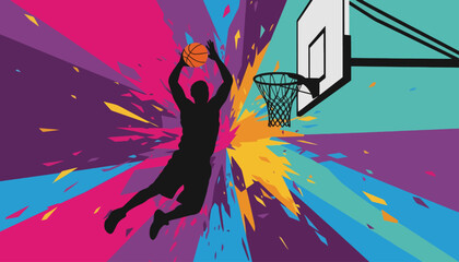 Dynamic Basketball Player Silhouette Jumping for a Slam Dunk with Vibrant Colorful Paint Splatter and Artistic Graphic Background Elements © john