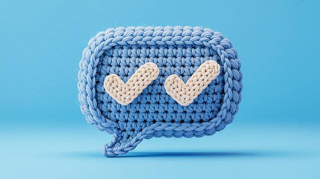 Crocheted blue speech bubble with white checkmarks