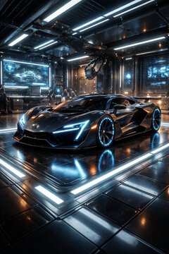 Metallic blue electric supercar in bright silver high tech laboratory with glowing neon floor grids