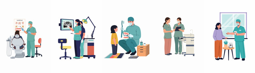 Fototapeta premium Vector illustration set of dental care scenes including professional checkups, X-ray analysis, and oral hygiene education for children and adults.