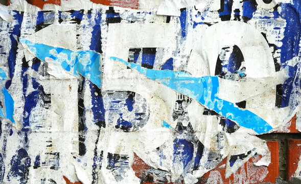 Old colorful posters with 150 number ripped torn crumpled paper abstract grunge texture wall backdrop placard surface, seamless loop collage urban street posters slideshow background	