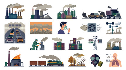 Fototapeta premium Environmental Air Pollution Flat Vector Illustration Set with Industrial Emissions and Health Risks