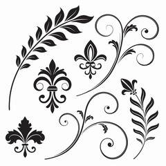 Elegant flourish decorative elements vector collection with classic scrollwork floral ornaments and fleur de lis symbols, ideal for vintage design accents and stylish embellishments. © MstAnzila