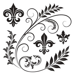 Victorian ornamental flourishes with fleur de lis and botanical elements including leaves and scrolls creating an elegant and classic design aesthetic. © MstAnzila