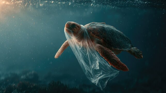 Underwater scene shows a sea turtle with a plastic bag around its neck and mouth while swimming near dark coral formations in deep blue water