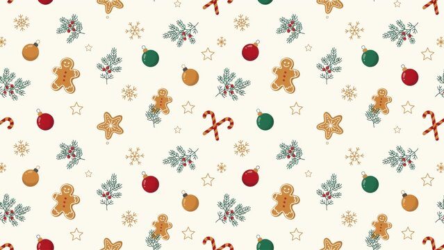 Festive christmas seamless pattern with gingerbread men, candy canes, ornaments, and snowflakes on a light cream background texture