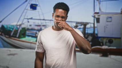 Fototapeta premium Man touching mouth with finger beside fishing boat on dock, hand near lips and pained expression; disgust unease.