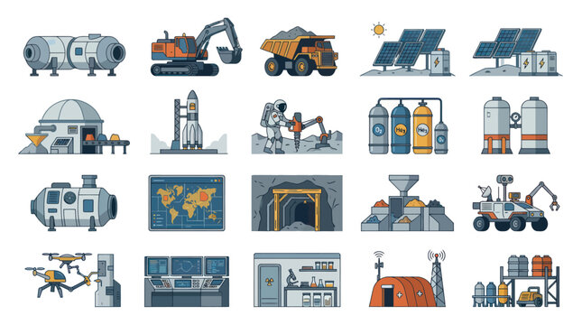 Future Space Exploration and Mining Industry Flat Vector Icons Set. Lunar Base, Martian Colonization Equipment