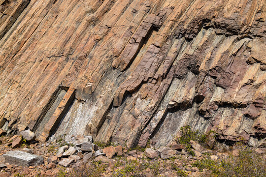 Close view of hexagonal volcanic rock columns