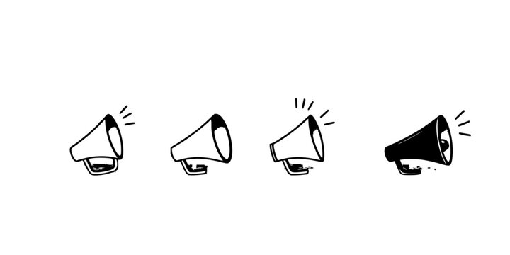 Four megaphone icons arranged in a horizontal line, each with a burst of sound waves emanating from the top, symbolizing communication or announcements. The first and third megaphones are outlined ...