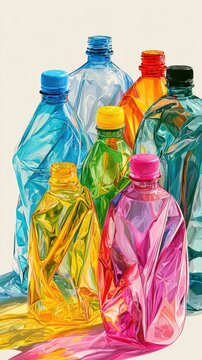Close up shot shows colorful translucent plastic bottles and crumpled packaging arranged in an abstract design against an off white background