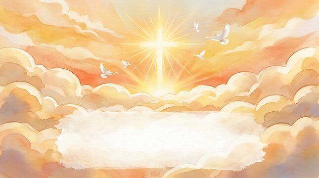 Peaceful white doves flying among soft golden clouds with warm sunlight rays