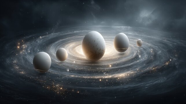 Surreal Cosmic Eggs Floating Within A Vibrant Galactic Swirl Of Stars And Colorful Nebulae