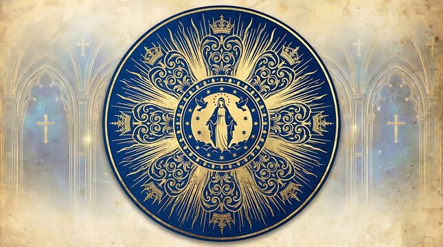 Religious mosaic art with golden rays and central holy figure