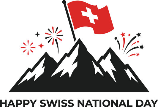 Swiss national day illustration vibrant color vector graphic with flag mountains and fireworks august 1st