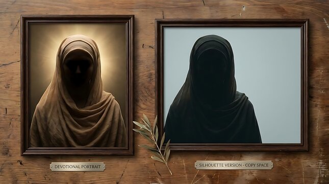 Two women wearing niqab in framed portraits on rustic wall