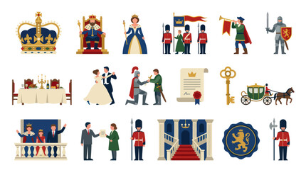 Fototapeta premium Flat Design Monarchy and Medieval Royal Kingdom Elements Set with Characters, Symbols, Icons and Attributes