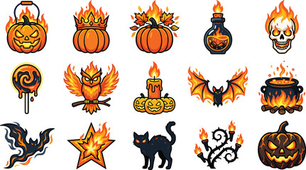 Fototapeta premium Flaming Halloween spooky fire sticker set vector for tshirt design