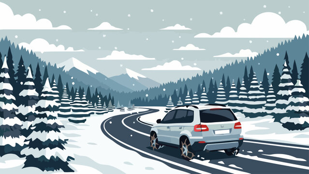 A scenic winter road trip with a suv vehicle driving through a beautiful snowy forest landscape with mountain views in the background