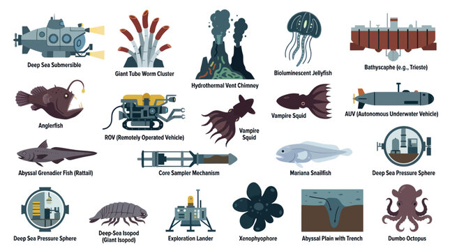 Deep Ocean Exploration and Marine Science Flat Vector Icons Collection: Fauna, Technology, Features