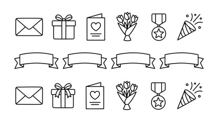 Celebration Icons: A collection of simple line art icons representing elements of celebration, including envelopes, gift boxes, greeting cards, flower bouquets, medals, and party poppers. © Juhhad