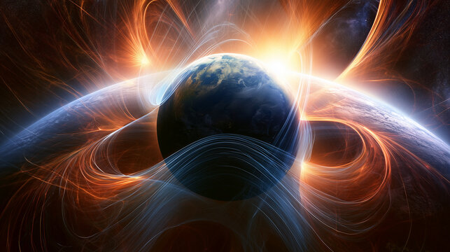 Epic cosmic scene of solar plasma waves impacting Earth&acirc;s magnetic field, illuminated atmosphere and electromagnetic shield effects visible around the planet, representing astronom