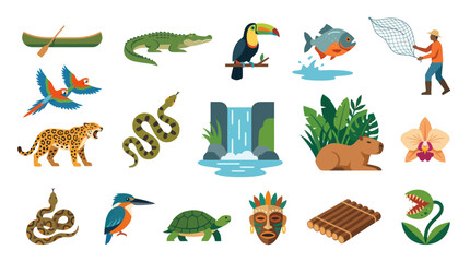 Obraz premium Amazon Rainforest Flat Icons Set: Animals, Nature, Culture, Activities