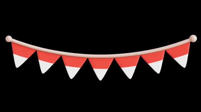 Hanging red and white bunting flags swaying on rope national celebration