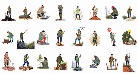 Flat vector illustrations of environmentalists, foresters, and researchers in camouflage gear conducting various field studies and conservation activities outdoors. © Sri
